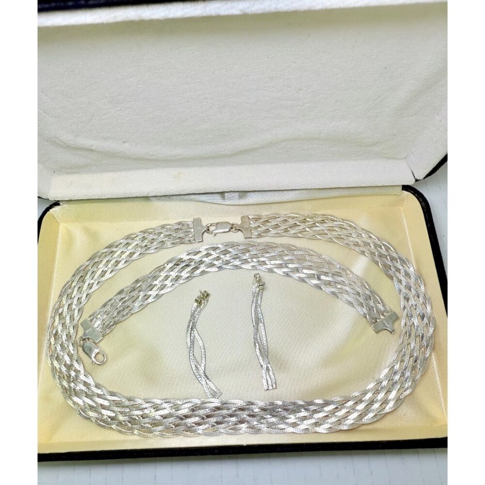 Vintage Italy 925 Sterling Silver Braided Necklace, Bracelet & Earrings .